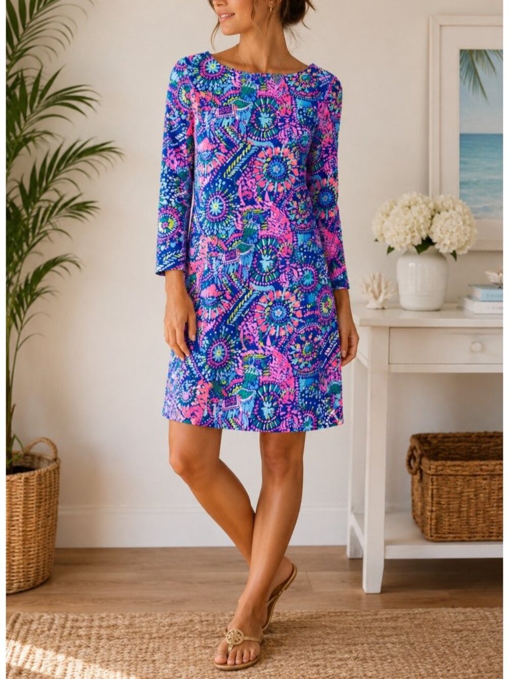 Lilly Pulitzer Style Bright Neon Long Sleeve Shift Dress Blue Pink Tropical XXS